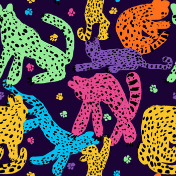 Seamless kids Leopard pattern. Fashionable fabric design. Circus animal show. seamless pattern with cute tigers on background. Leopards and tropical leaves. Trendy style. vector