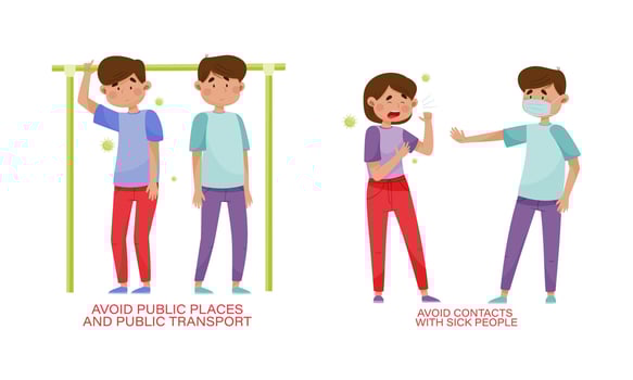Prevention measures against Covid-19. Avoid public places, public transport and contacts with sick people cartoon illustration vector