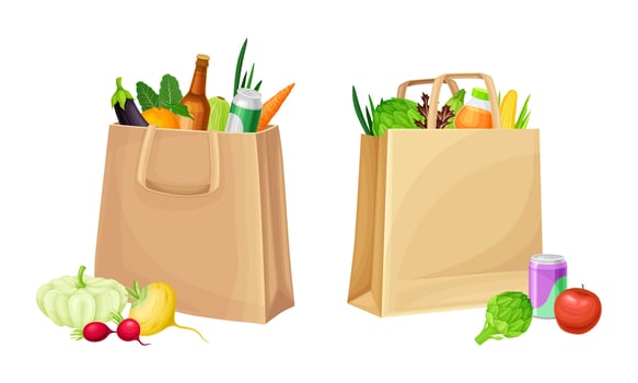 Healthy products in paper shopping bags set. Organic vegetarian products in eco friendly packaging illustration vector