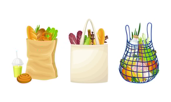 Healthy organic products in recyclable eco friendly shopping bags set illustration vector