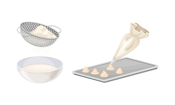 Baking utensils and cooking ingredients set. Pastry bag, sieve, tray illustration vector