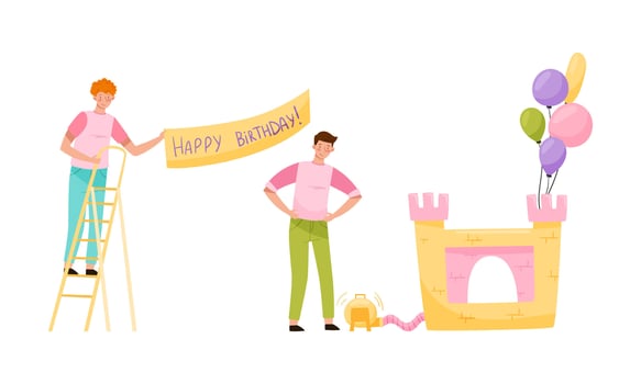 People preparing for Birthday celebration set. Men hanging up banner and inflating trampoline cartoon illustration vector