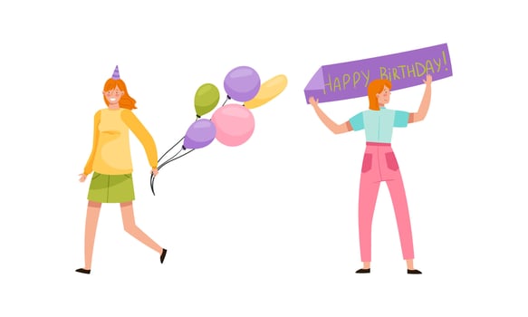 People celebrating birthday set. Girls with inflatable balloons and festive banner cartoon illustration vector