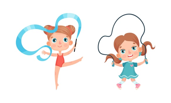 Set of kids doing sport. Little girls doing rhythmic gymnastics and jumping with skipping rope. Children activities cartoon illustration vector