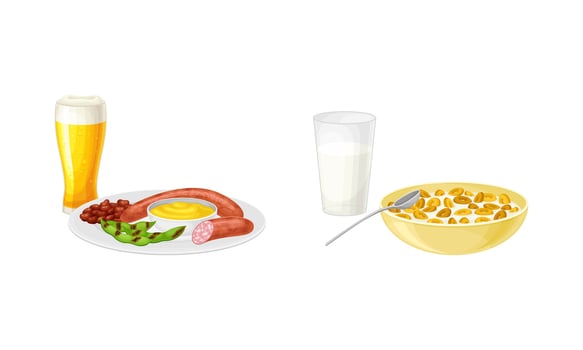 Nutritious tasty dishes served on plates set. Flakes with milk, sausages and beer cartoon illustration vector