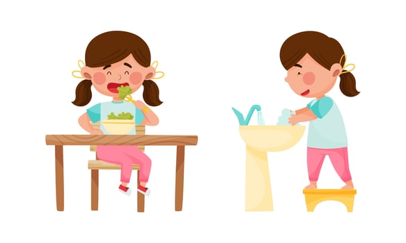 Cute girl daily routine activities set. Child having breakfast and washing dishes cartoon illustration vector