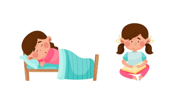Cute girl daily routine activities set. Child sleeping in her bed and reading book cartoon illustration vector