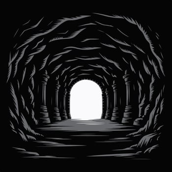 Dark cave tunnel with stone columns and light at the end. vector