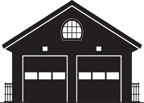 Double Garage Building Icon Black Silhouette, Two Doors, Fence. vector
