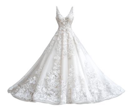 Elegant bridal gown with intricate lace design for wedding occasions png