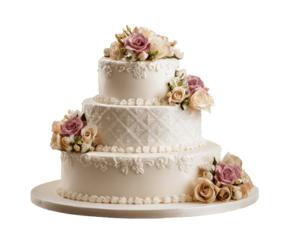 Three tier wedding cake adorned with elegant roses png