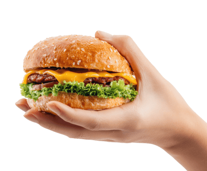 Hand holding a delicious cheeseburger with fresh lettuce png