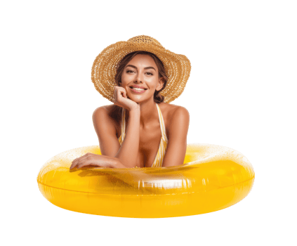 Joyful summer fun with a woman in a yellow pool float png