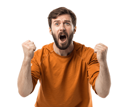 Joyful man celebrates victory with raised fists png