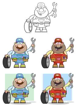 Cartoon Mechanic Character Collection With Tire And Outline Option vector