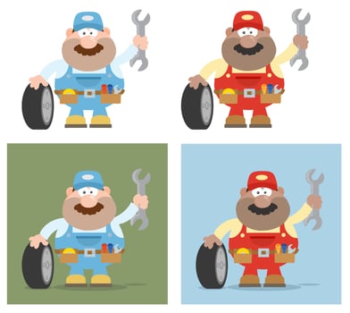 Cartoon Auto Mechanic Collection With Tire And Wrench Elements vector
