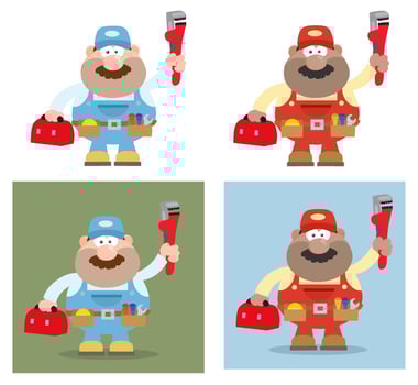 Cartoon Technician Character Collection With Toolbox And Pipe Wrench vector