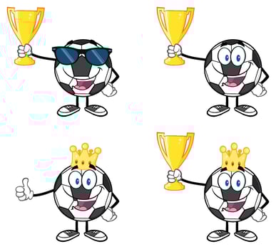 Funny Football Mascots Holding Gold Trophy Cups And Wearing Crowns vector