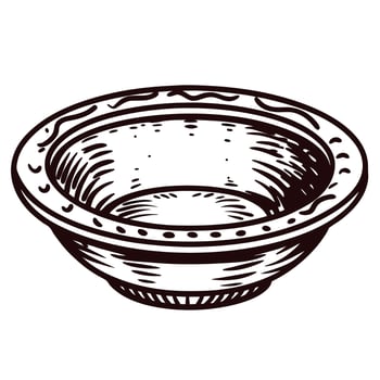 Hand drawn ceramic bowl illustration vintage engraved empty dish with decorative rim isolated on white background vector