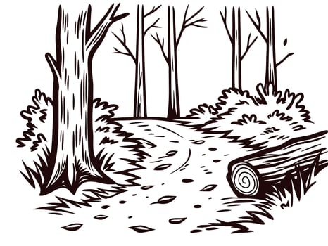 Forest trail in winter landscape with bare trees and leafy path vector