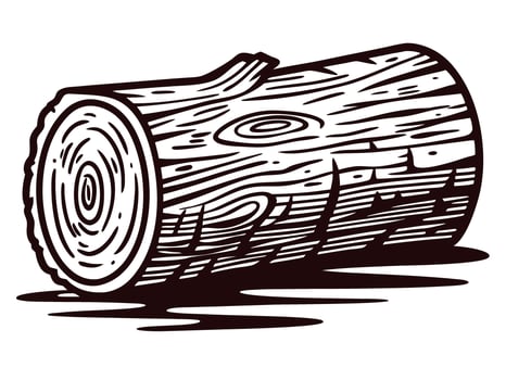 Wooden log drawing with detailed grain texture in black and white vector