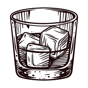 Hand drawn illustration of a glass tumbler with ice cubes isolated on white background, vintage engraving vector