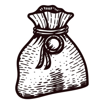 Hand drawn vintage money bag with wax seal and ribbon in engraved sketch on white background vector