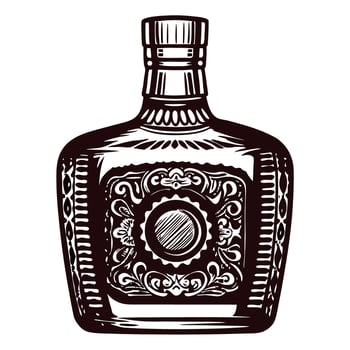 Elegant decorative whisky bottle in vintage engraving with ornate label and intricate etched glass detailing vector