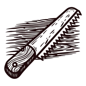 Hand drawn illustration of vintage wooden handle saw cutting through wood in engraving vector