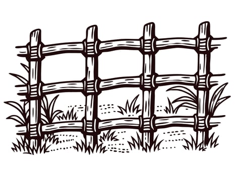 Hand drawn vintage wooden fence illustration with grass and rustic countryside design isolated on white background vector