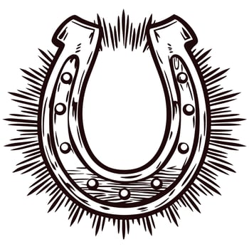 Hand drawn vintage horseshoe with rays lucky charm black and white sketch illustration vector