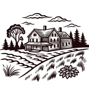 Rustic farmhouse illustration with trees, fields, and grass in vintage woodcut engraving vector
