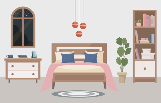 Warm and cozy bedroom with a comfortable bed, lamp, window, bookshelf and indoor plant. Interior concept. Ideal for websites, social media posts, blogs and design projects. vector