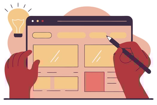Website Wireframe Creation with Hand and Pencil, Surrounded by Idea Bulb Illustration vector