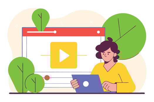 Woman Watching Online on Laptop with Colorful Design and Play Button Element vector