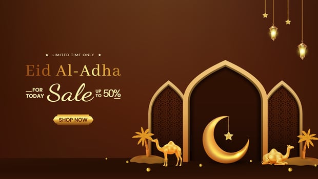 Eid Al Adha Celebration Sale Banner with Mosque and Gold Accents vector