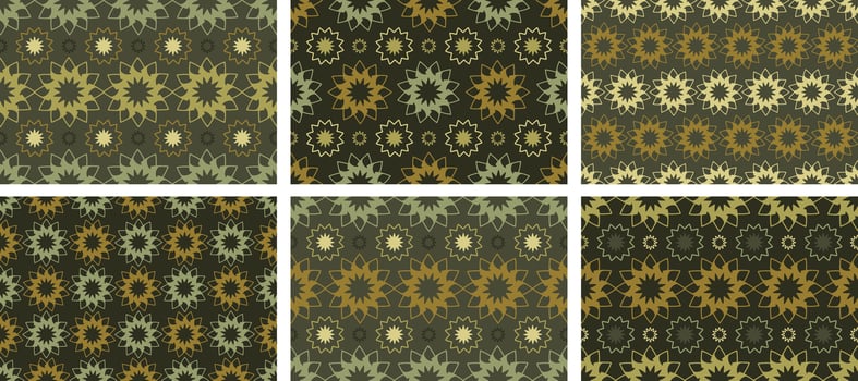 Arabic seamless patterns set. Eastern Texture with golden arabic and islamic ornament. Horizontal colour rhombus, geometric shapes, abstract flowers. Traditional oriental elements. vector