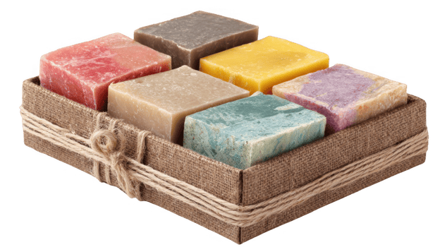 Colorful handmade soap bars in biodegradable box with transparent background png