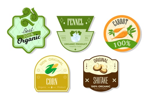 Retro fruits banner and labels. Different juices stickers. Packaging tags with corn, shiitake, carrot, fennel. Set of seasonal fruits labels stickers and marks or badges template for packaging vector