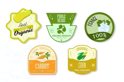 Retro fruits banner and labels. Different juices stickers. Packaging tags with fennel, corn, fiddleheads, carrot. Set of seasonal fruits labels stickers and marks or badges template for packaging vector