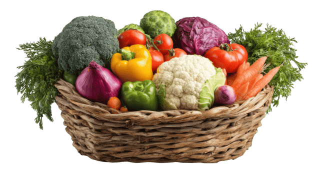 Woven basket overflowing with fresh seasonal vegetables on transparent background png