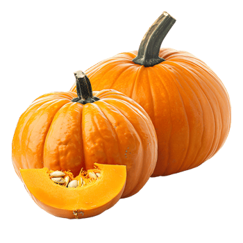 Two ripe orange pumpkins one sliced open showing seeds png