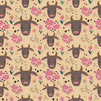 Cute Cow seamless pattern hand drawn cute kids background colorful pallete vector