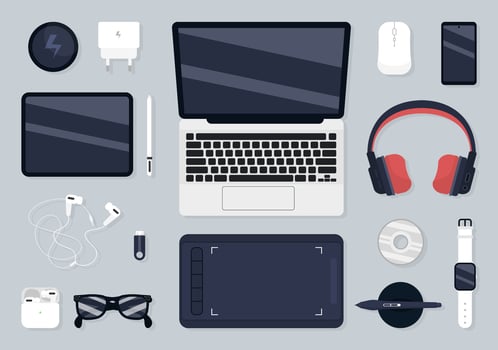 Collection of Gadgets and Laptop on Workplace Desk vector