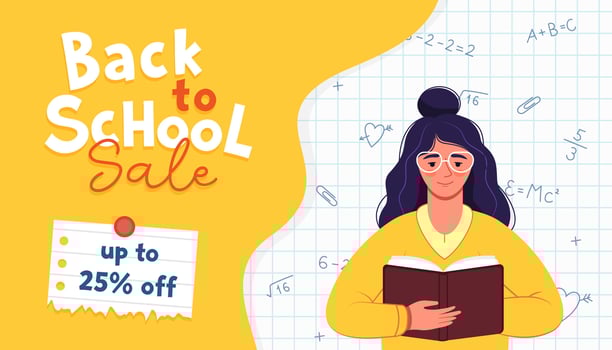 Back to school sale promo banner. Young girl student reading book. Graph paper with handwritten math formulas background. Discount offer web advertising poster. Education concept. illustration. vector