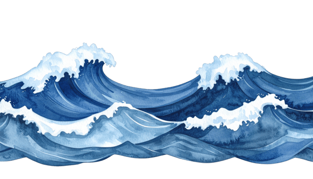 Watercolor Painting of Ocean Waves with White Foam png