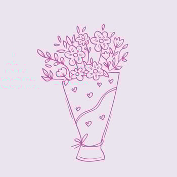Bouquet in pink color line art style. Whimsical flowers doodle drawing. Valentine's day gift. Illustration vector