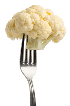 Cauliflower floret on fork ready to eat, isolated on transparent background, healthy vegan side dish, low-carb diet concept, vegetarian food promotion png