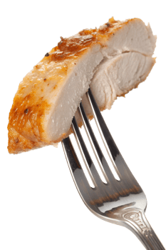 Close-up of roasted chicken breast on a fork, isolated on transparent background, healthy protein meal, perfect for fitness content, diet plans, or food packaging png