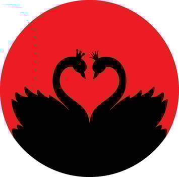 Romantic swan couple silhouette with red sun. vector